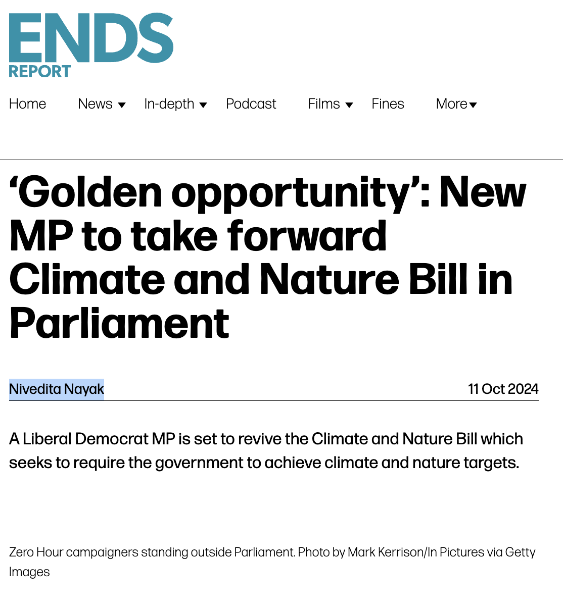 ‘Golden opportunity’: New MP to take forward Climate and Nature Bill in Parliament - Ends Report