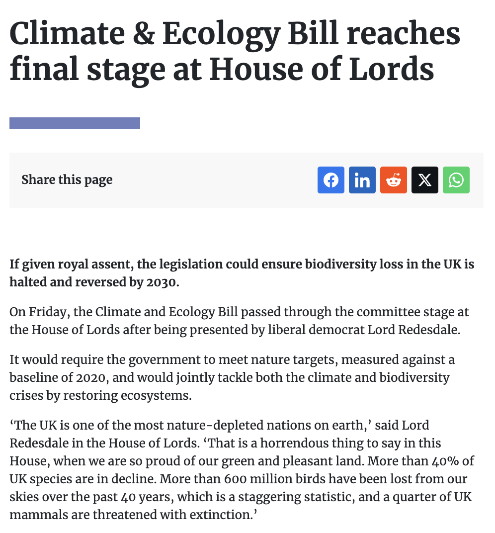 Climate & Ecology Bill reaches final stage at House of Lords - Environment Journal