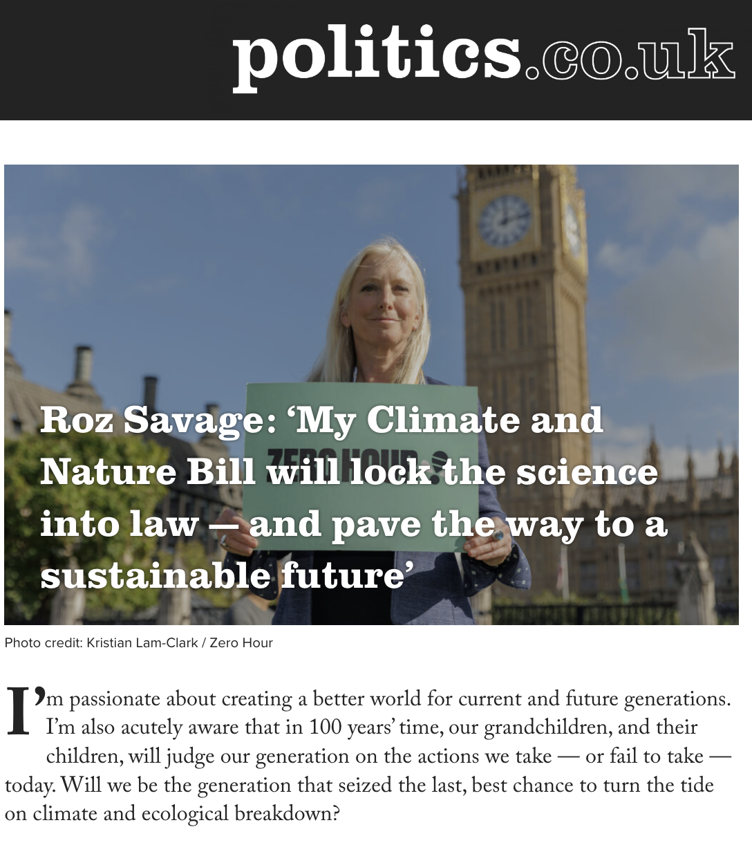 ‘My Climate and Nature Bill will lock the science into law — and pave the way to a sustainable future’ - Politics.co.uk